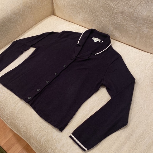 Ann Taylor Black Button Down Cardigan with White Stripes on Collar and Cuffs - Picture 10 of 15